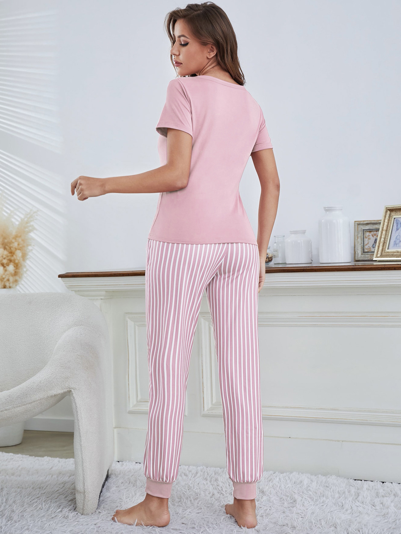 Мода с коротким рукавом Письмо Печать Lounge Set Женщины Loungewear & пижамы